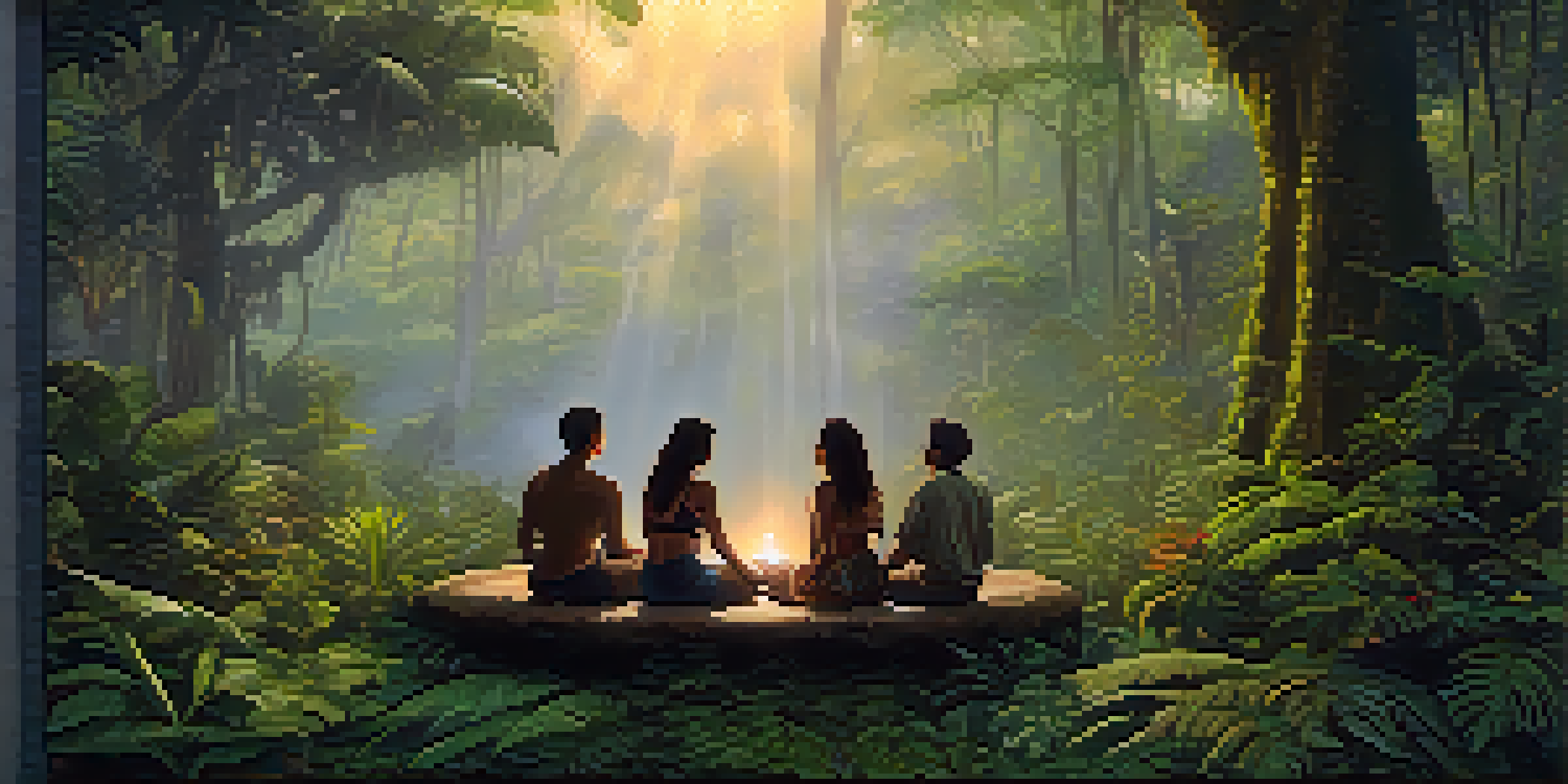A group of diverse individuals sitting in a circle in the Amazon rainforest during twilight, surrounded by lush greenery and soft golden light.