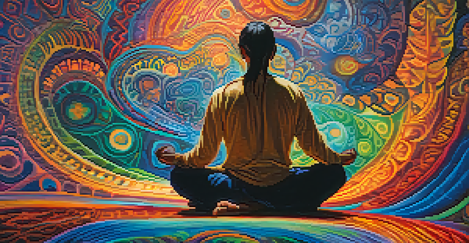 A person meditating during an Ayahuasca journey, surrounded by colorful abstract patterns and soft lighting.