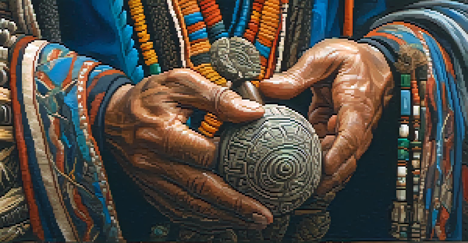 A close-up of a shaman's hands holding a beautifully carved ceremonial rattle, with a blurred background of a ceremonial setting.