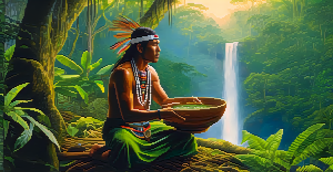 A tranquil scene in the Amazon rainforest at dawn, featuring an indigenous shaman preparing ayahuasca in a wooden bowl amidst lush greenery.