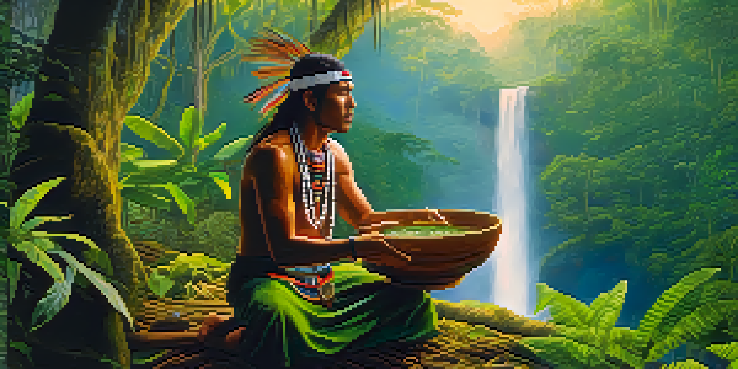 A tranquil scene in the Amazon rainforest at dawn, featuring an indigenous shaman preparing ayahuasca in a wooden bowl amidst lush greenery.