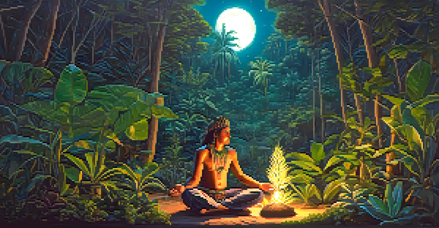 A South American shaman sitting in a lush jungle at dusk, surrounded by plants, illuminated by candlelight.