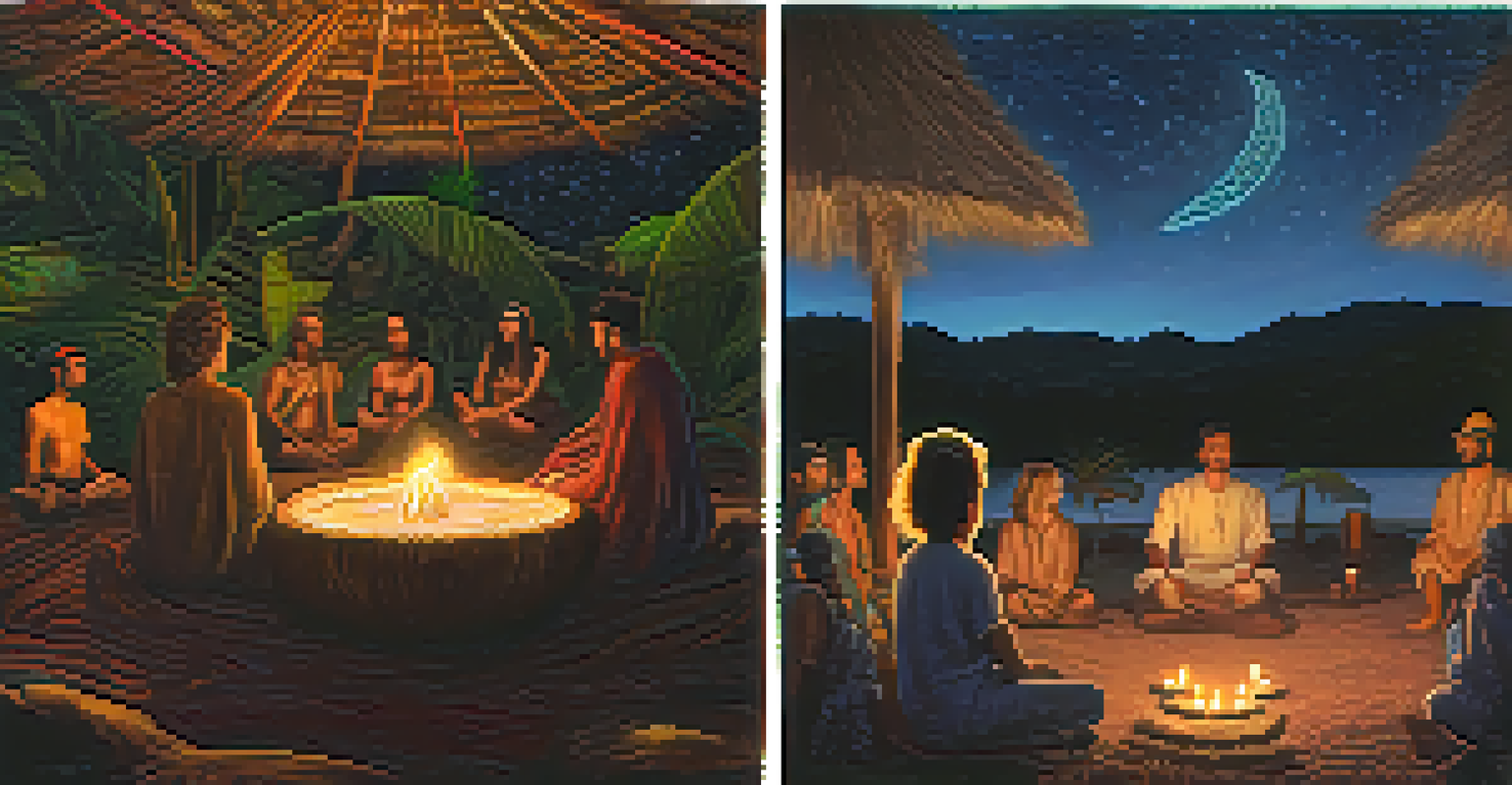 A split image showing an Ayahuasca ceremony under stars on the left and a patient receiving ketamine treatment in a clinical setting on the right.