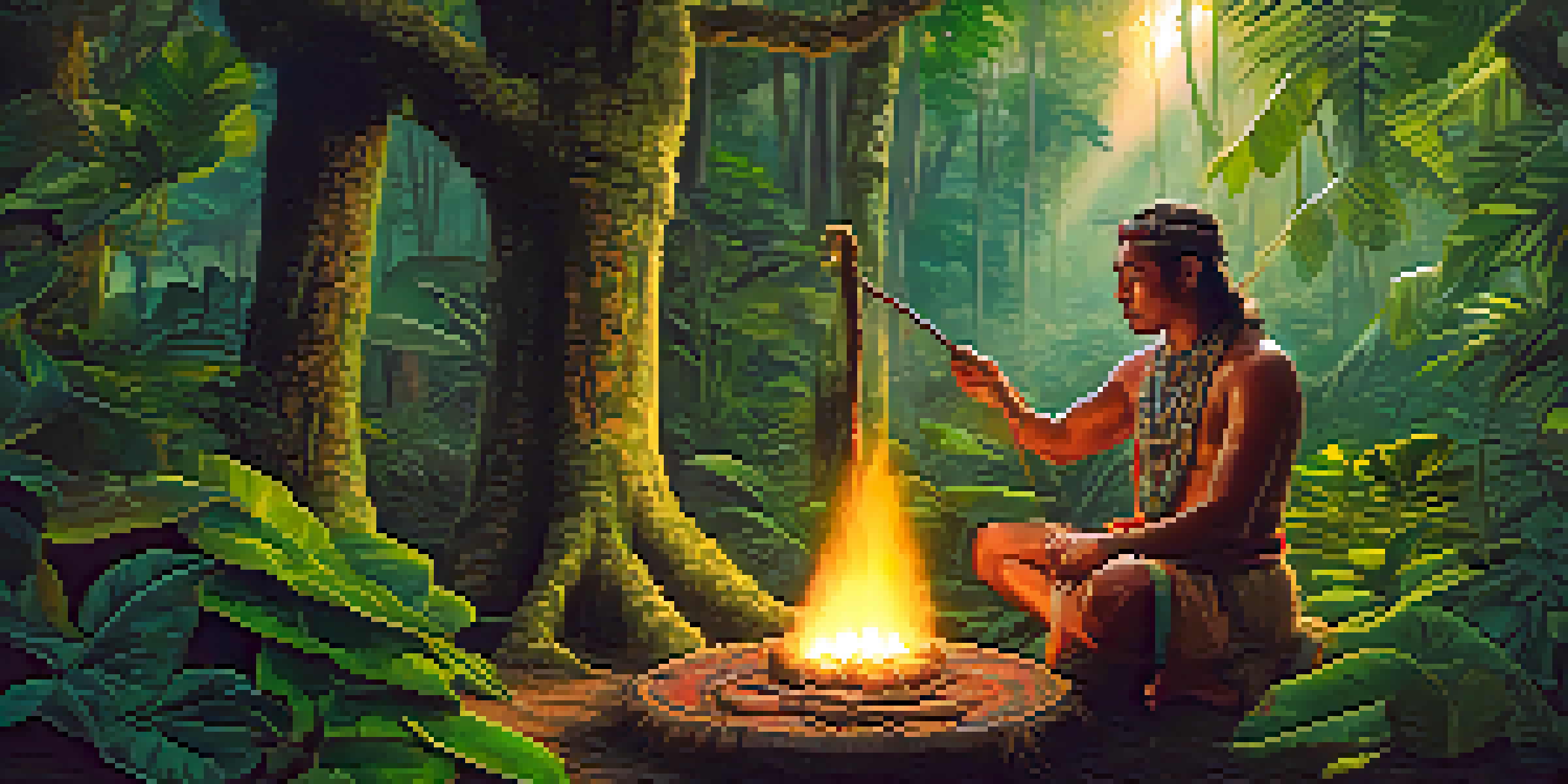 A traditional ayahuasca ceremony in the Amazon jungle, with a shaman preparing the brew over a fire surrounded by lush greenery and soft sunlight.