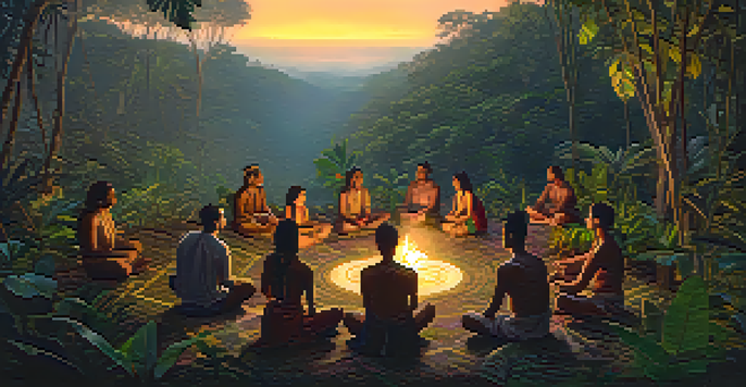 A tranquil Amazon rainforest at dusk with a diverse group of people participating in an Ayahuasca ceremony, surrounded by lush greenery and soft glowing light.