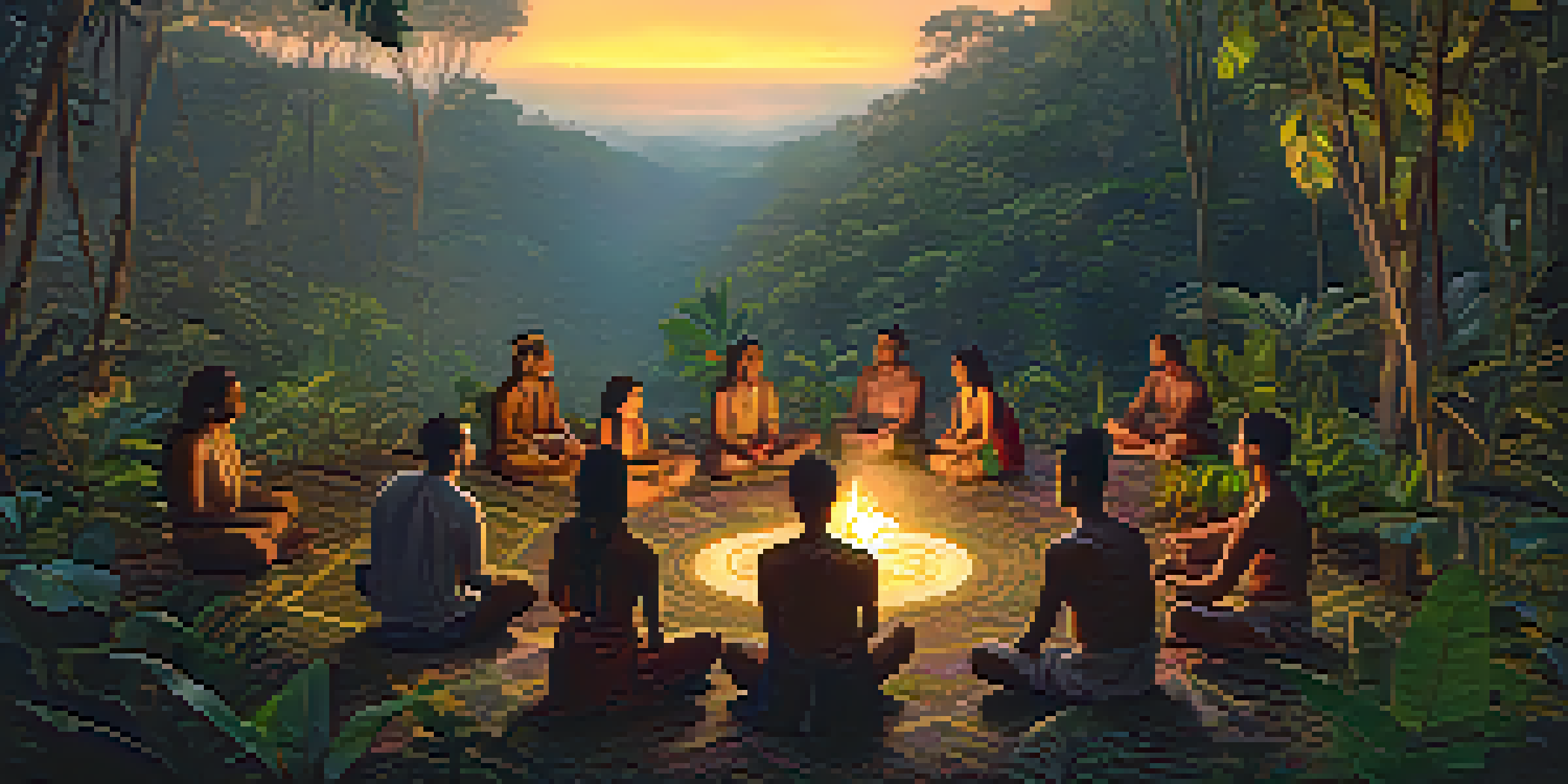 A tranquil Amazon rainforest at dusk with a diverse group of people participating in an Ayahuasca ceremony, surrounded by lush greenery and soft glowing light.