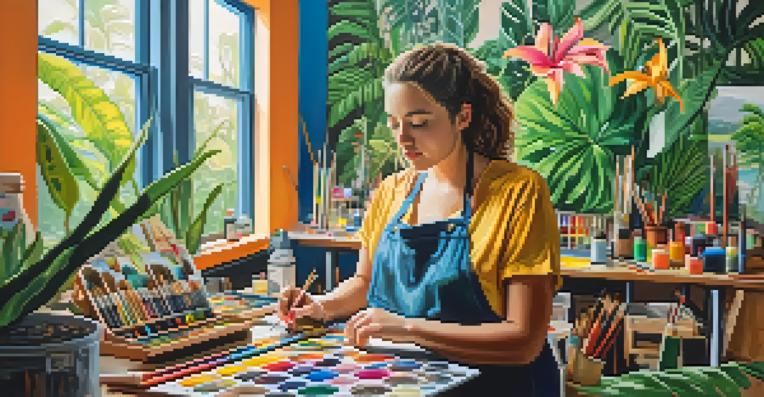 An artist in a vibrant studio creating a jungle painting, surrounded by art supplies.