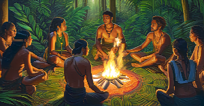 A group of participants in a circle around a fire during an ayahuasca ceremony in a lush rainforest, with warm light illuminating their faces.