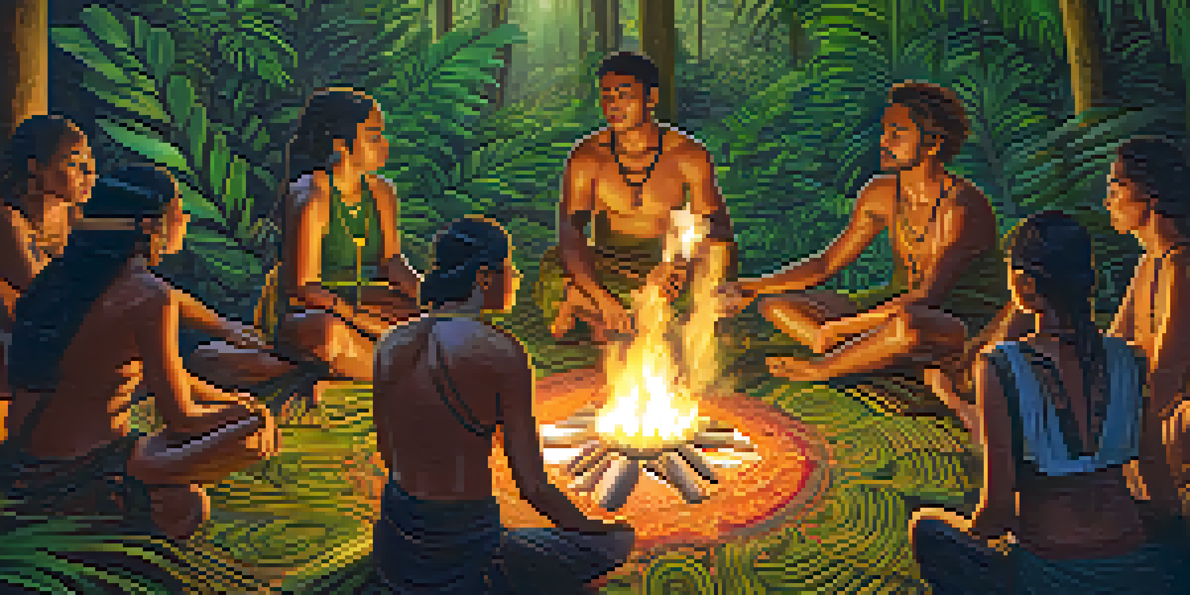 A group of participants in a circle around a fire during an ayahuasca ceremony in a lush rainforest, with warm light illuminating their faces.