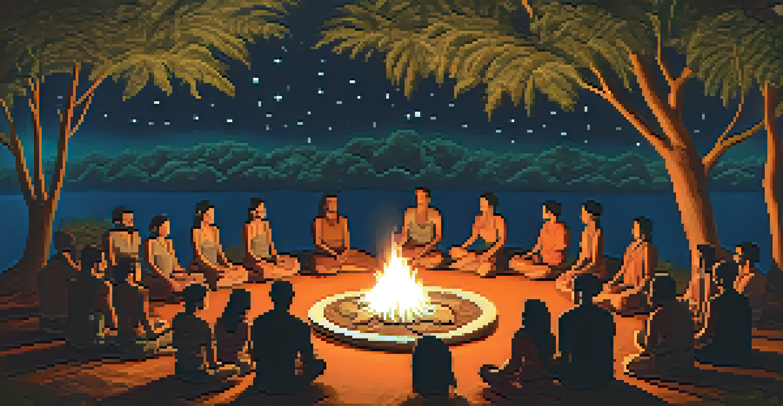 A gathering of people in a circle around a fire during an Ayahuasca ceremony under a starry sky.