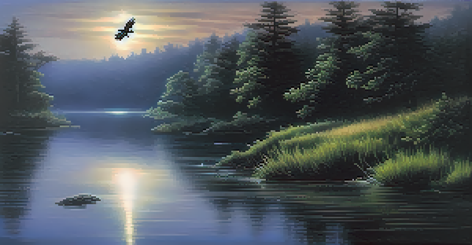 A moonlit riverbank with an eagle soaring above, surrounded by stars and mist.