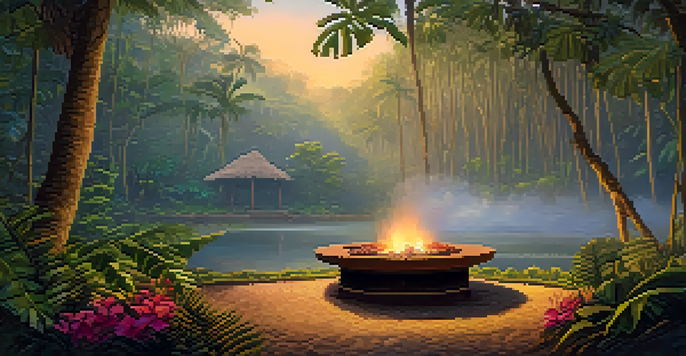 A peaceful Amazon rainforest at dawn, featuring a ceremonial space with a fire pit and woven mats surrounded by greenery and flowers.