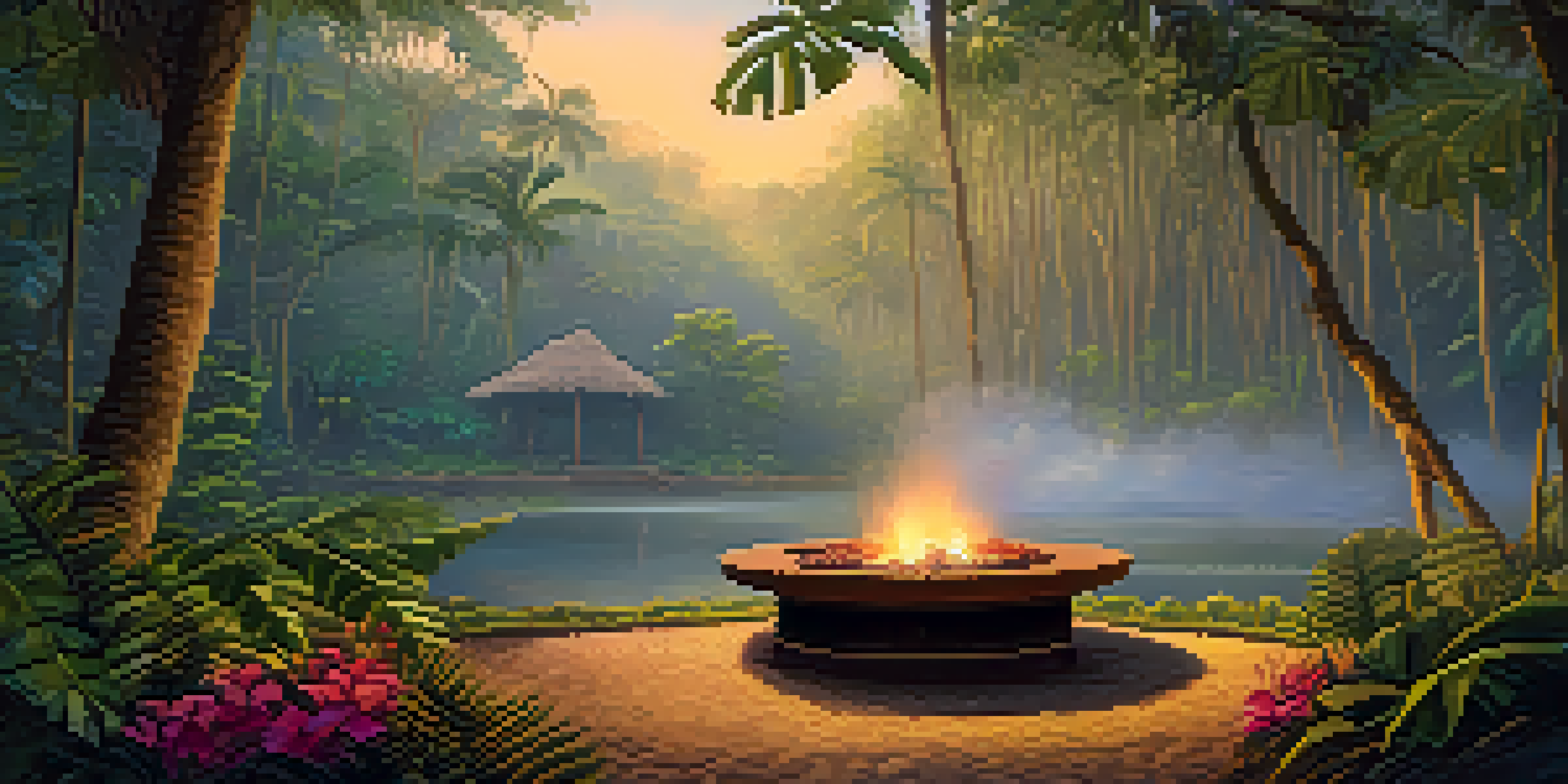 A peaceful Amazon rainforest at dawn, featuring a ceremonial space with a fire pit and woven mats surrounded by greenery and flowers.