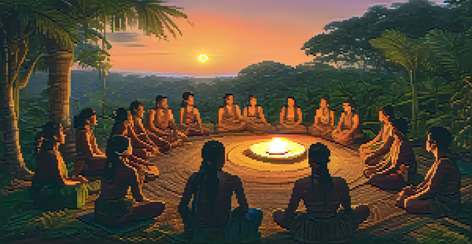 A group of people sitting in a circle in the Amazon rainforest at dusk, with a shaman in traditional attire, surrounded by lush greenery and illuminated by warm lantern light.