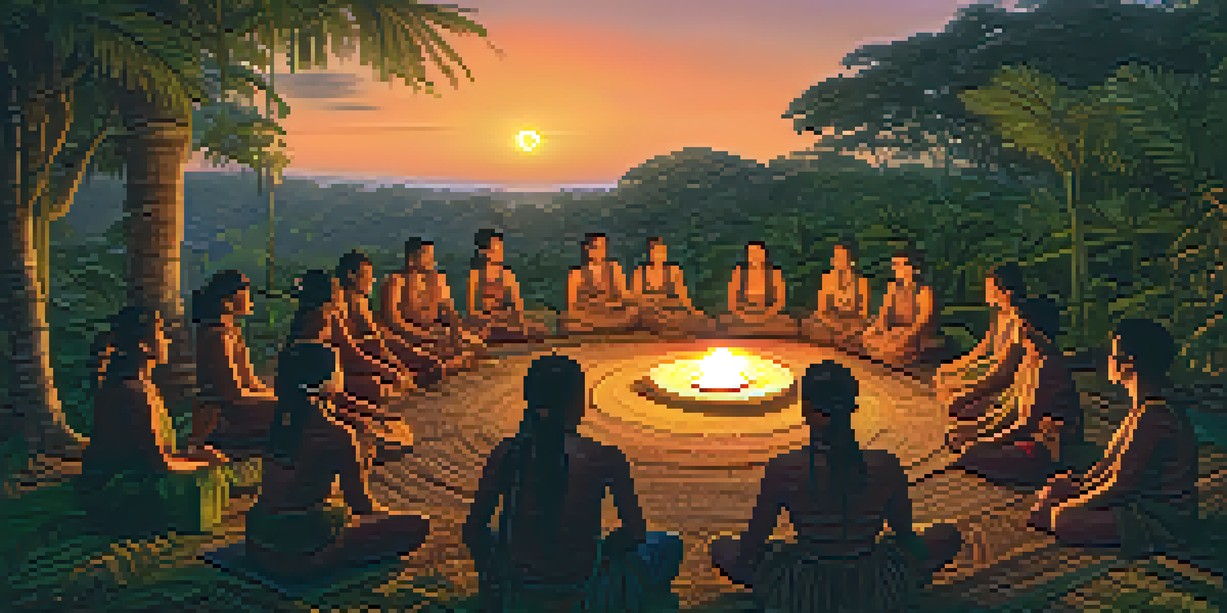 A group of people sitting in a circle in the Amazon rainforest at dusk, with a shaman in traditional attire, surrounded by lush greenery and illuminated by warm lantern light.