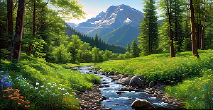 A peaceful forest scene with a flowing stream, sunlight filtering through leaves, and mountains in the background.