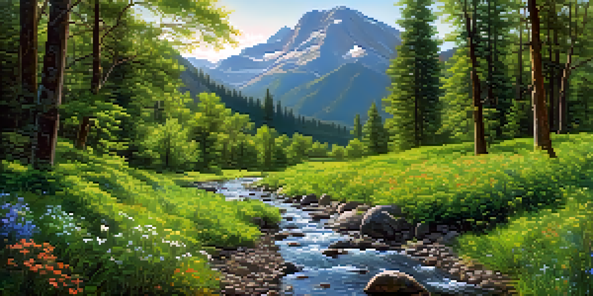 A peaceful forest scene with a flowing stream, sunlight filtering through leaves, and mountains in the background.