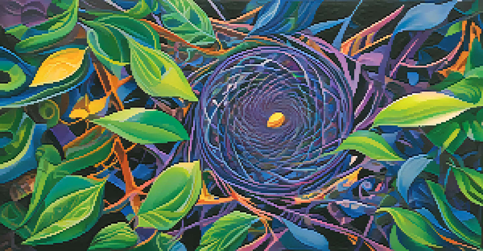 An abstract artwork illustrating vibrant geometric patterns and colors representing an Ayahuasca experience.