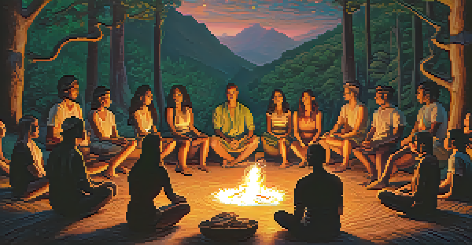 A diverse group of people in a circle around a fire during an ayahuasca ceremony, surrounded by a dark forest.