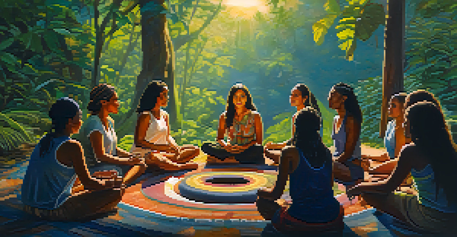 A female facilitator leading a diverse group in an Ayahuasca circle outdoors, surrounded by trees and sunlight.