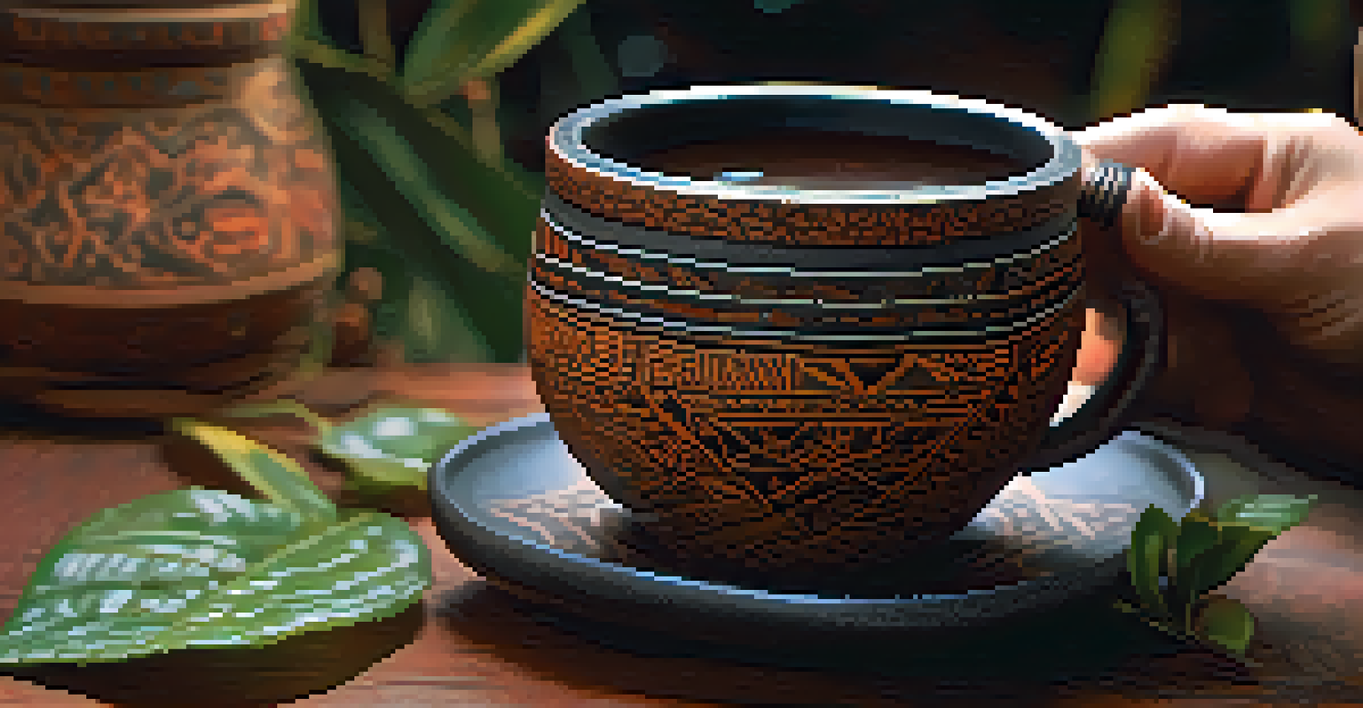 A close-up of a hand holding a rustic ceramic cup filled with ayahuasca brew, with warm lighting highlighting the dark color of the liquid against a blurred natural background.