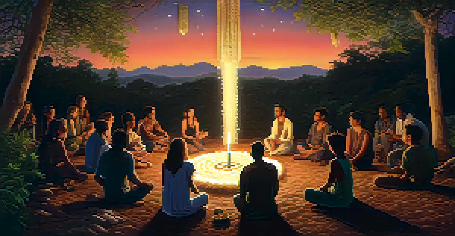 A peaceful Ayahuasca ceremony under the stars, with participants sitting in a circle among nature.