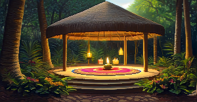 A peaceful Ayahuasca ceremony setting with woven mats, trees, and a central altar.