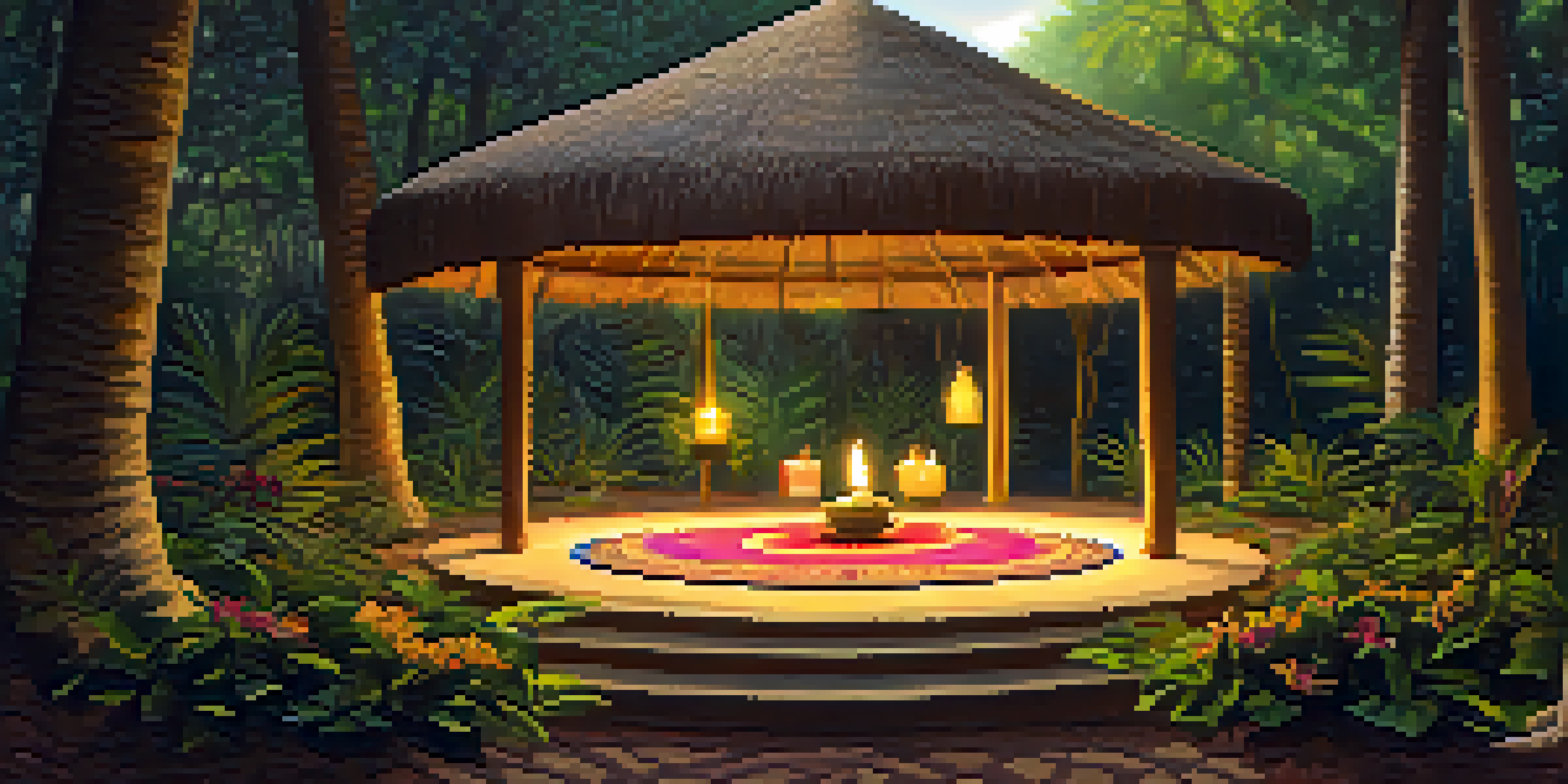 A peaceful Ayahuasca ceremony setting with woven mats, trees, and a central altar.