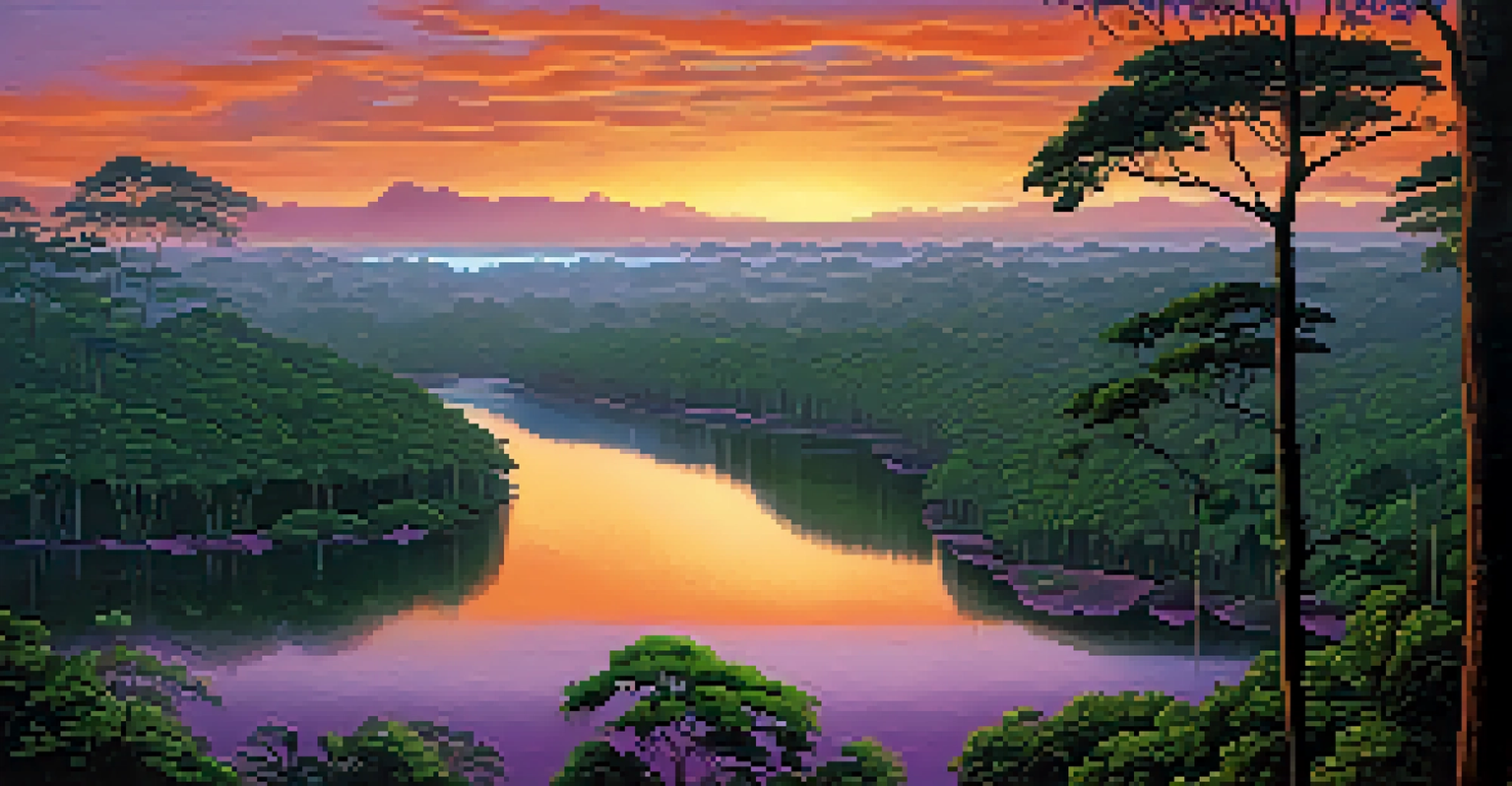 A picturesque view of the Amazon rainforest at sunset, with silhouetted trees and a winding river reflecting the colorful sky.