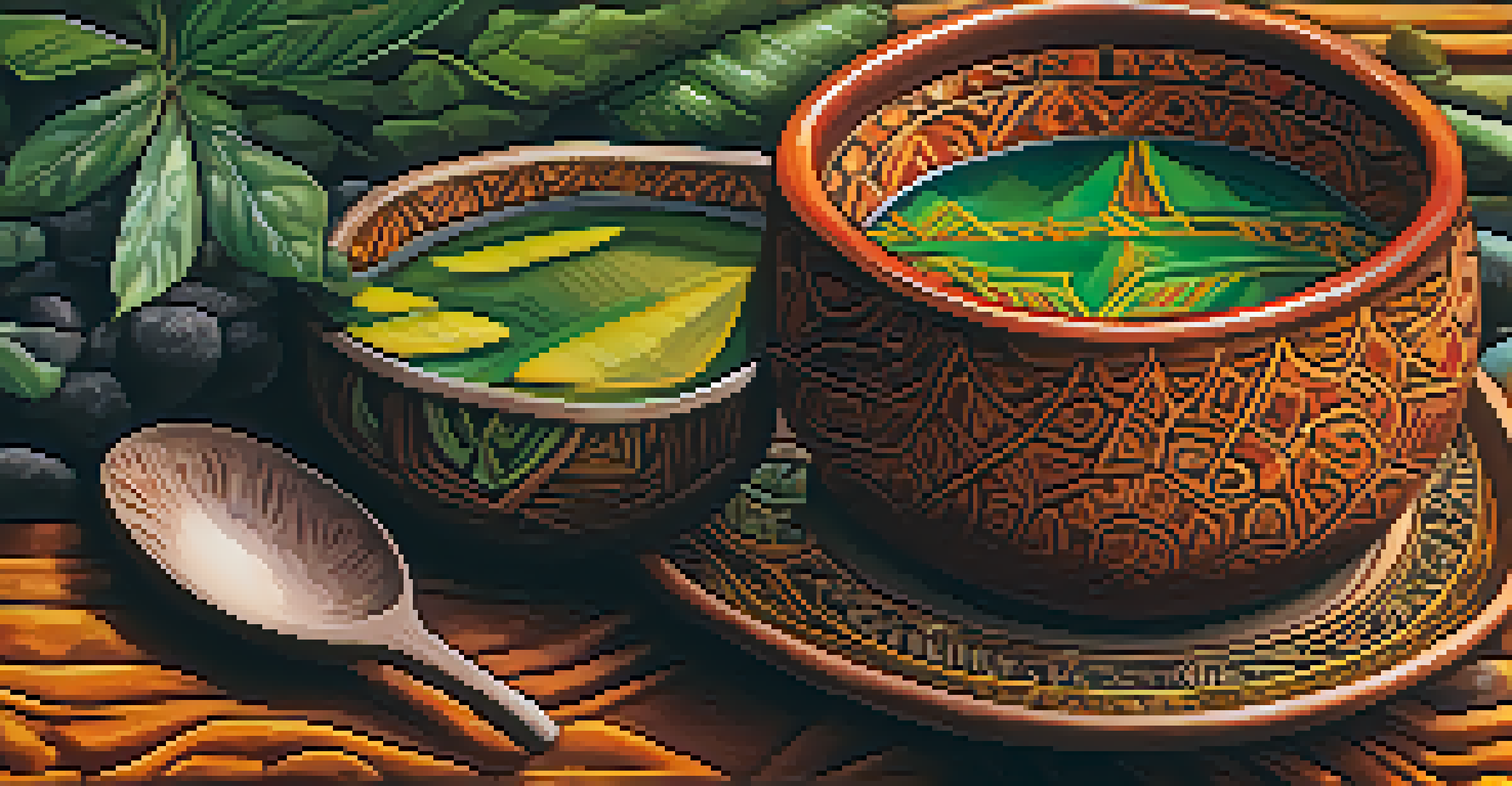 A close-up of Ayahuasca brew in a ceramic cup, surrounded by natural elements like leaves and stones.