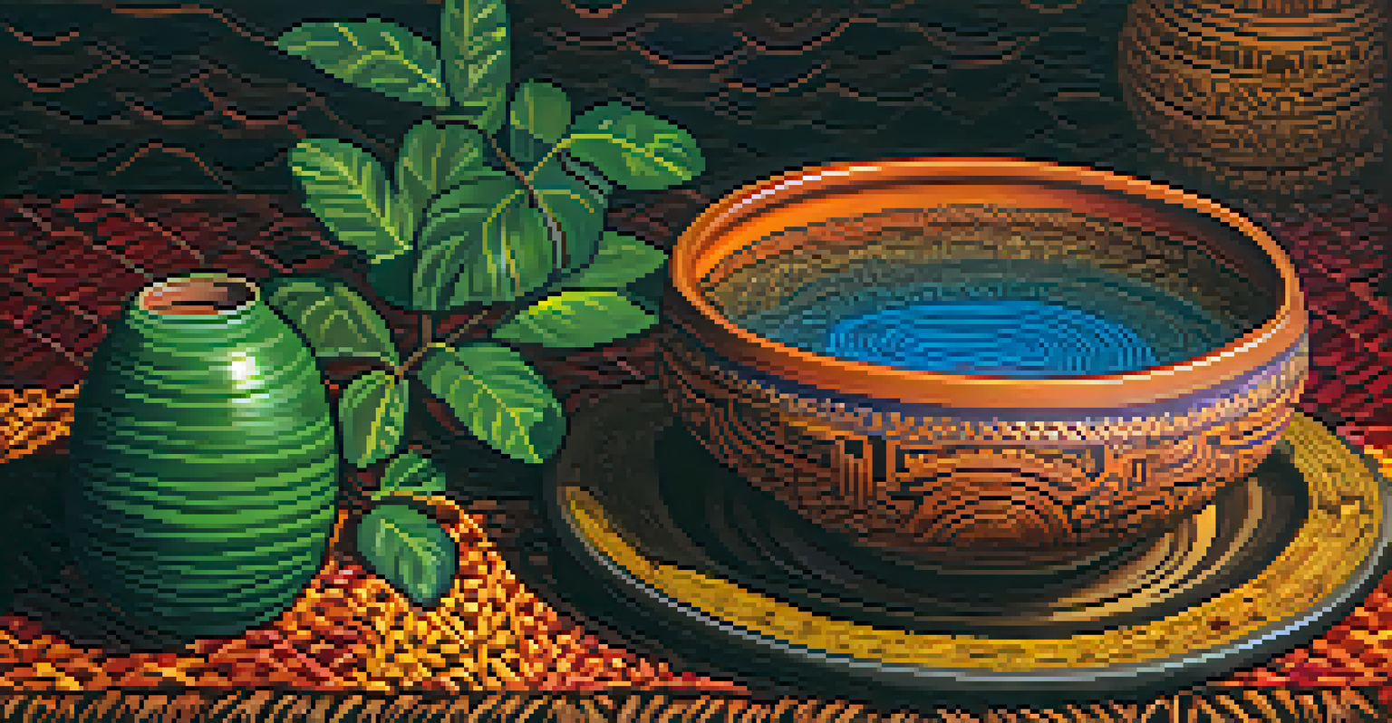 A close-up of a traditional Ayahuasca brew in a handcrafted clay bowl, with rich colors and warm ambient light, surrounded by indigenous artifacts and plants.
