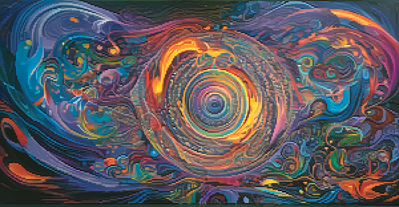 An abstract visualization of the psychological journey during an Ayahuasca experience, with swirling colors representing emotional release and introspection.
