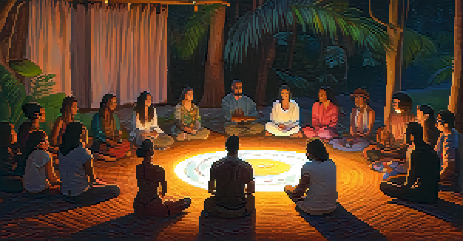 A group of people sitting in a circle during an Ayahuasca ceremony in a cozy, candle-lit environment.