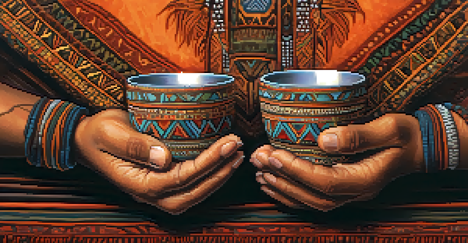 Close-up of two hands holding a cup of ayahuasca brew, with warm tent fabric in the background, showcasing tribal patterns on the hands.