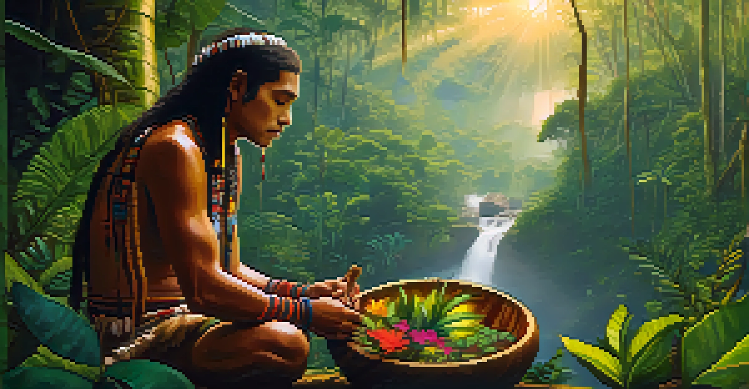 An indigenous shaman prepares Ayahuasca in a wooden bowl amidst a misty Amazon rainforest at dawn, surrounded by tropical plants and flowers.