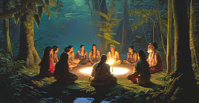 A shaman in traditional clothing leading a group in a circle in an Amazon rainforest, illuminated by warm candlelight.