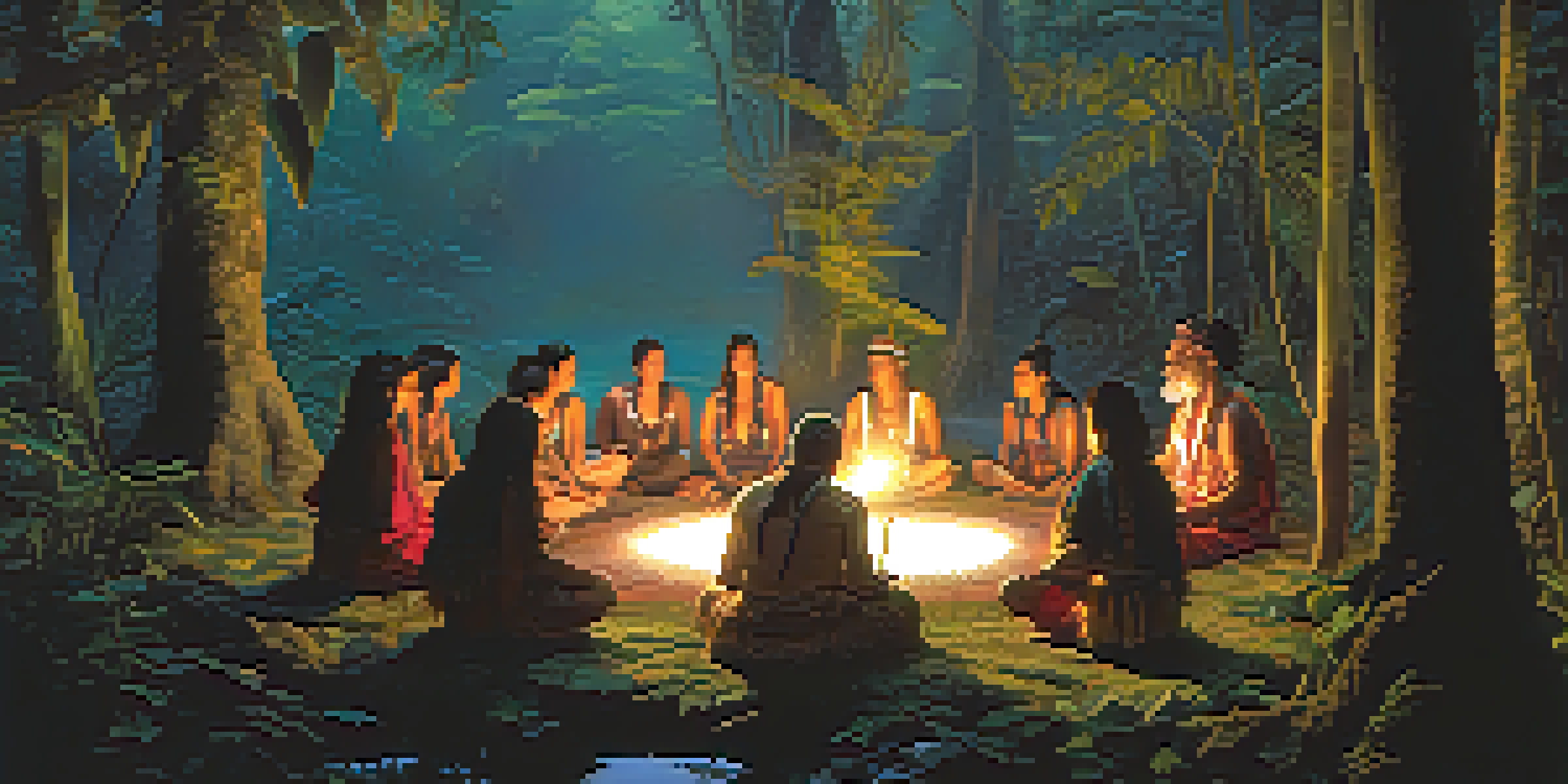 A shaman in traditional clothing leading a group in a circle in an Amazon rainforest, illuminated by warm candlelight.
