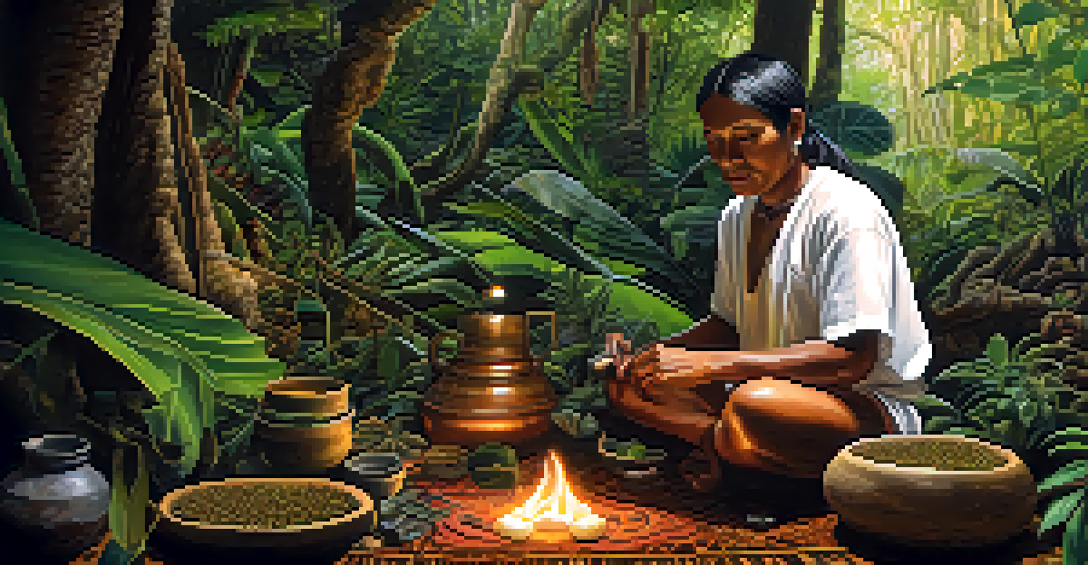 An indigenous healer preparing Ayahuasca surrounded by plants and tools in the rainforest, with sunlight filtering through the leaves.
