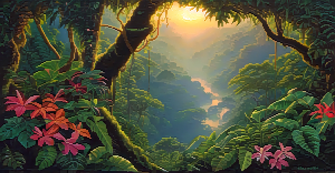 A colorful Amazonian rainforest at dusk with a vine climbing a tree, lush greenery, and vibrant flowers illuminated by soft light.