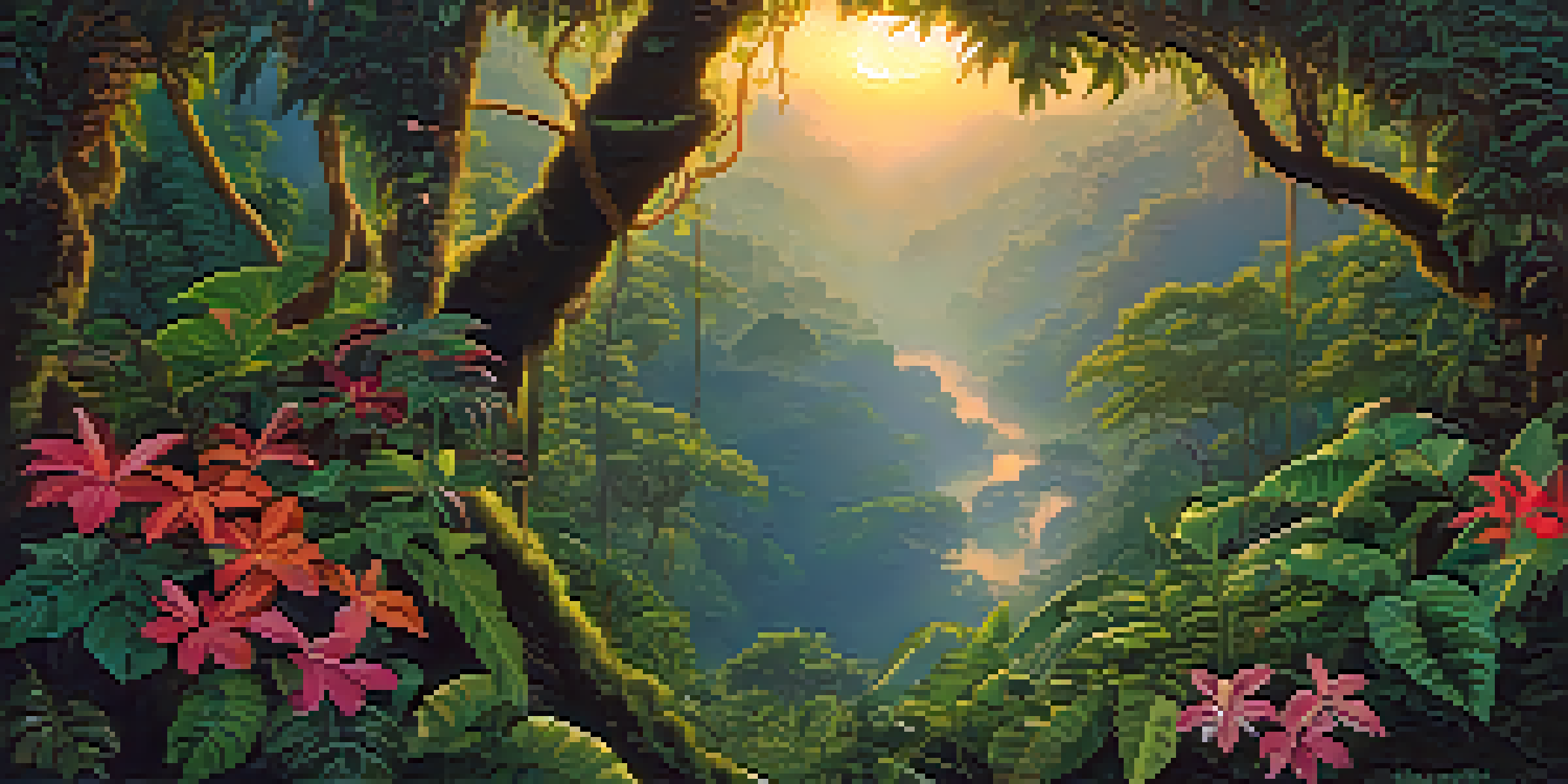 A colorful Amazonian rainforest at dusk with a vine climbing a tree, lush greenery, and vibrant flowers illuminated by soft light.