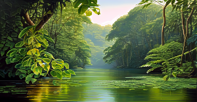 A peaceful jungle scene featuring intertwining vines and leaves, illuminated by soft sunlight, with a river flowing in the background.
