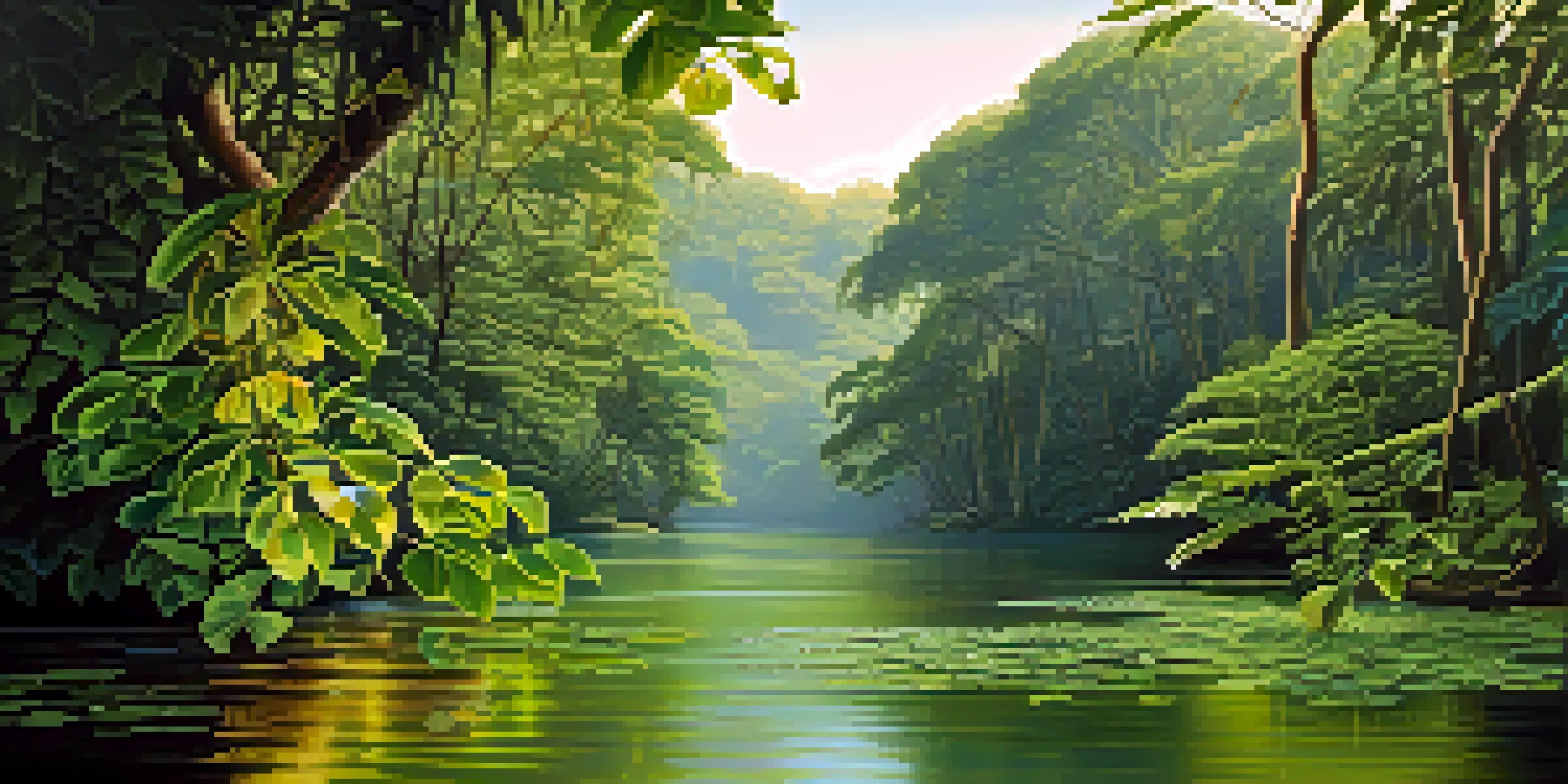A peaceful jungle scene featuring intertwining vines and leaves, illuminated by soft sunlight, with a river flowing in the background.