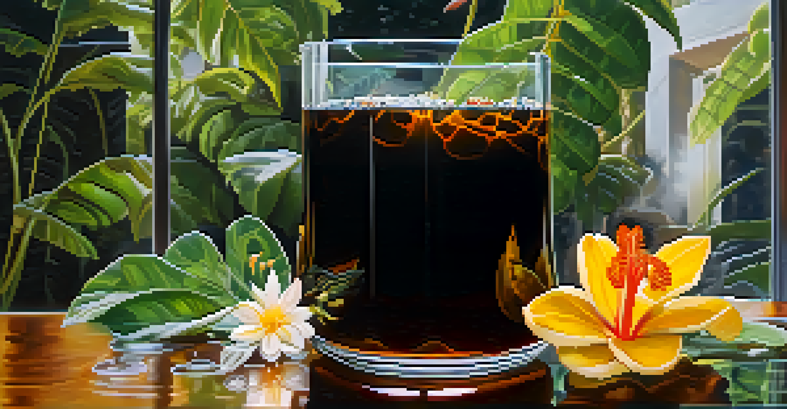 A close-up of a glass of dark Ayahuasca brew surrounded by leaves and flowers.