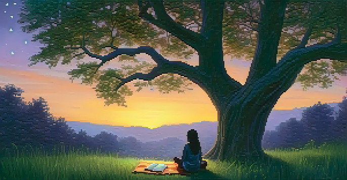 A peaceful forest at twilight with a person journaling under a large tree, surrounded by glowing fireflies and a starry sky.