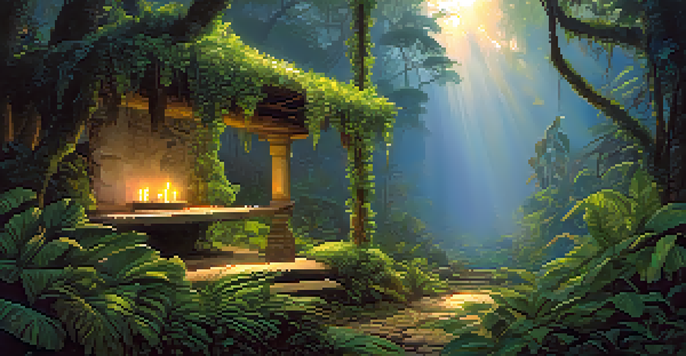 A tranquil Amazon rainforest at twilight with lush greenery and a ceremonial space.