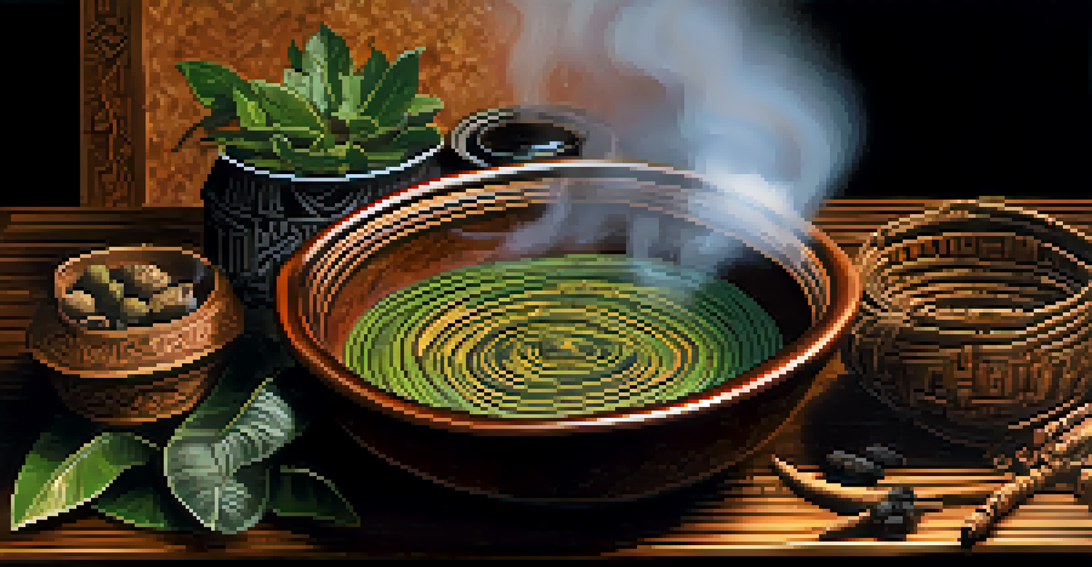 A close-up of a traditional Ayahuasca brew in a bowl on a wooden table, surrounded by indigenous artifacts.