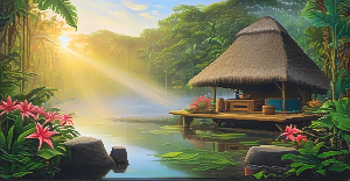 A peaceful Amazon rainforest at sunrise with mist, featuring an ayahuasca brew on a wooden table surrounded by tropical flowers.