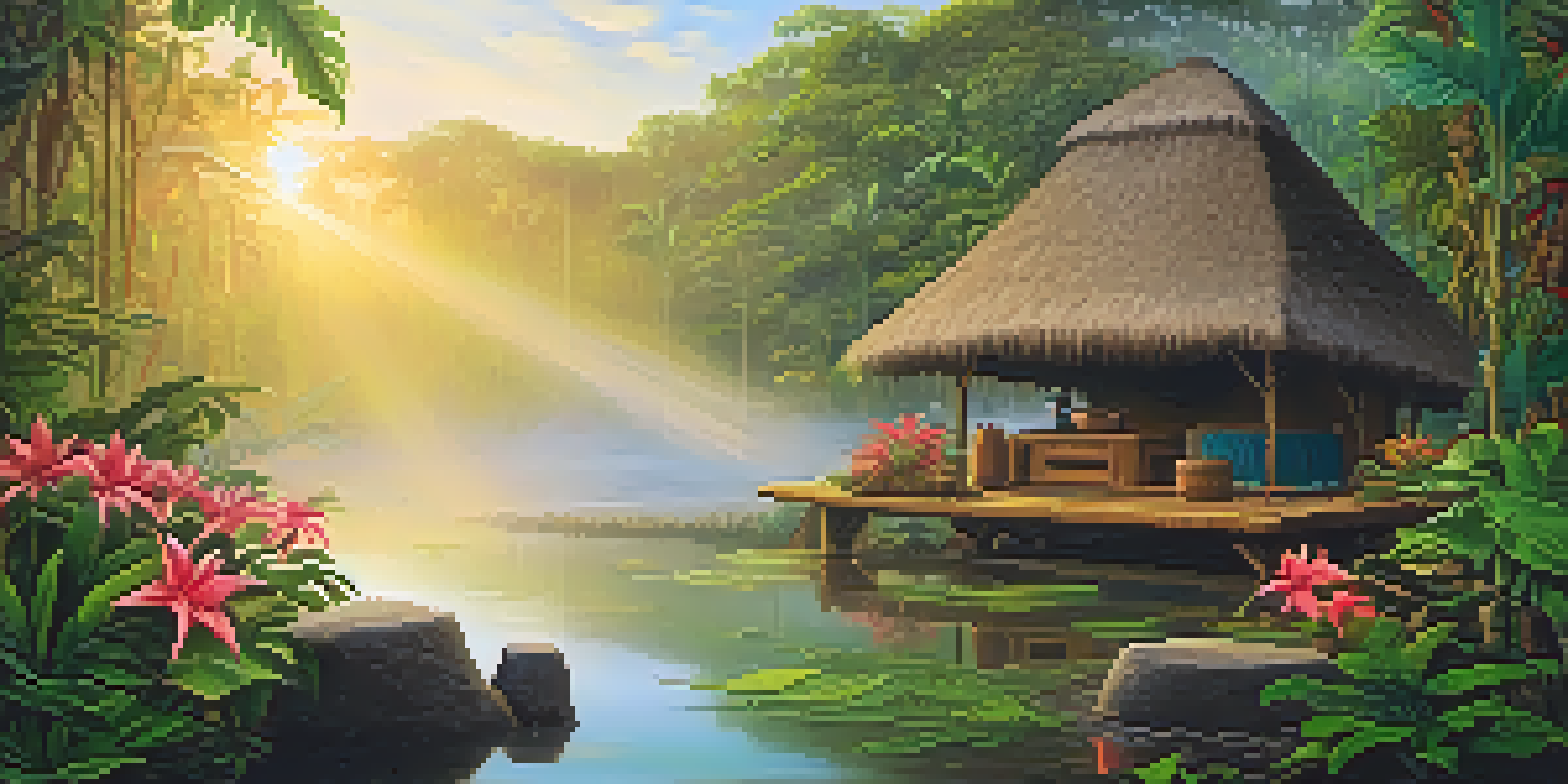 A peaceful Amazon rainforest at sunrise with mist, featuring an ayahuasca brew on a wooden table surrounded by tropical flowers.