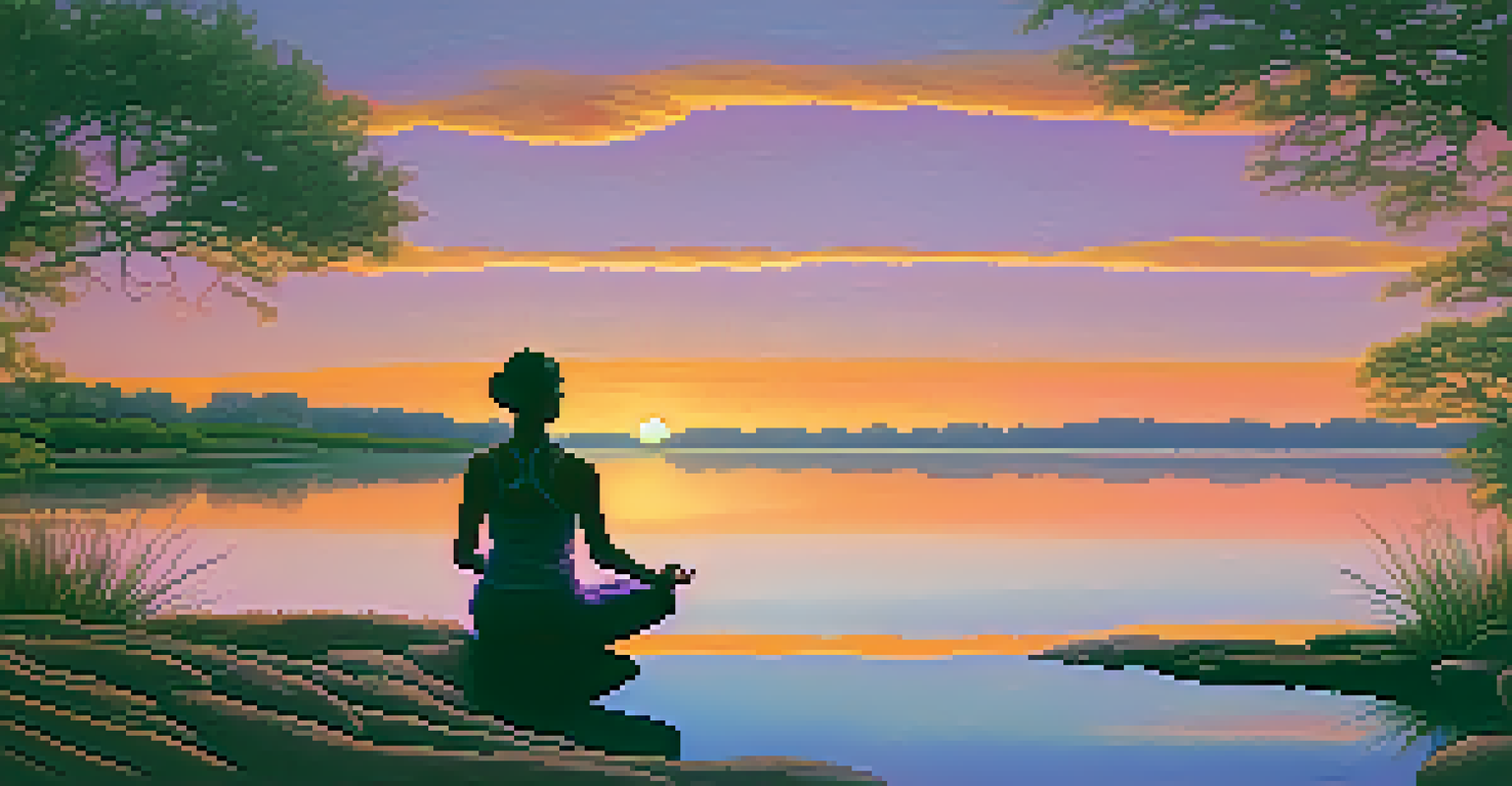 A person meditating by a lake at sunset with vibrant colors reflecting in the water.