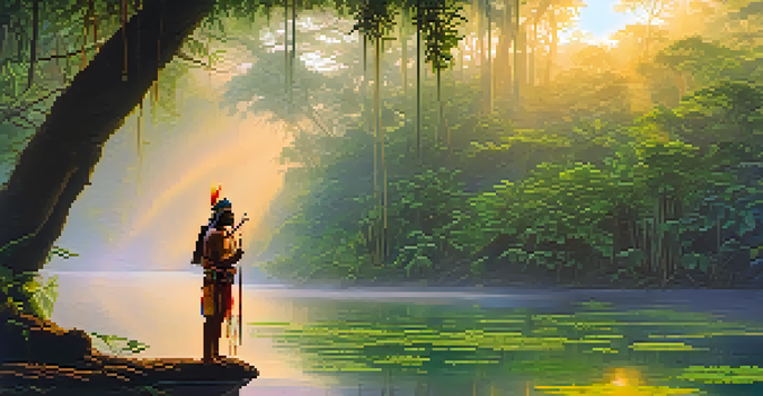 A tranquil Amazon rainforest at dawn with mist, a river reflecting sunrise colors, and a shaman in traditional attire preparing for a ceremony.